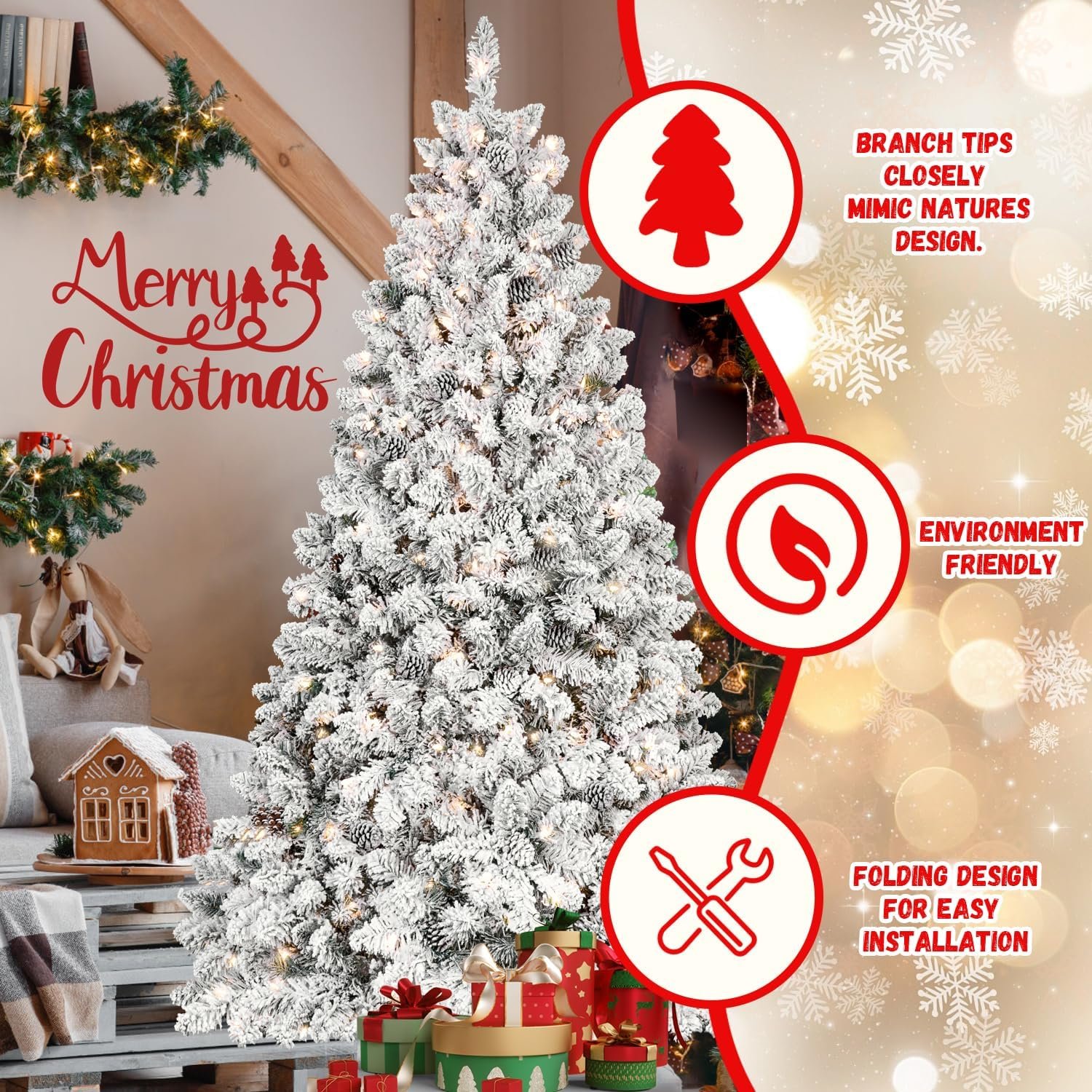 9FT Prelit Flocked Christmas Tree with 850 Lights & 2240 Branch Tips, Premium Artificial Christmas Tree with Pine Cone, Pre Lit Hinged Xmas Tree with Memory Wire Technology for Holiday Decoration - Image 8