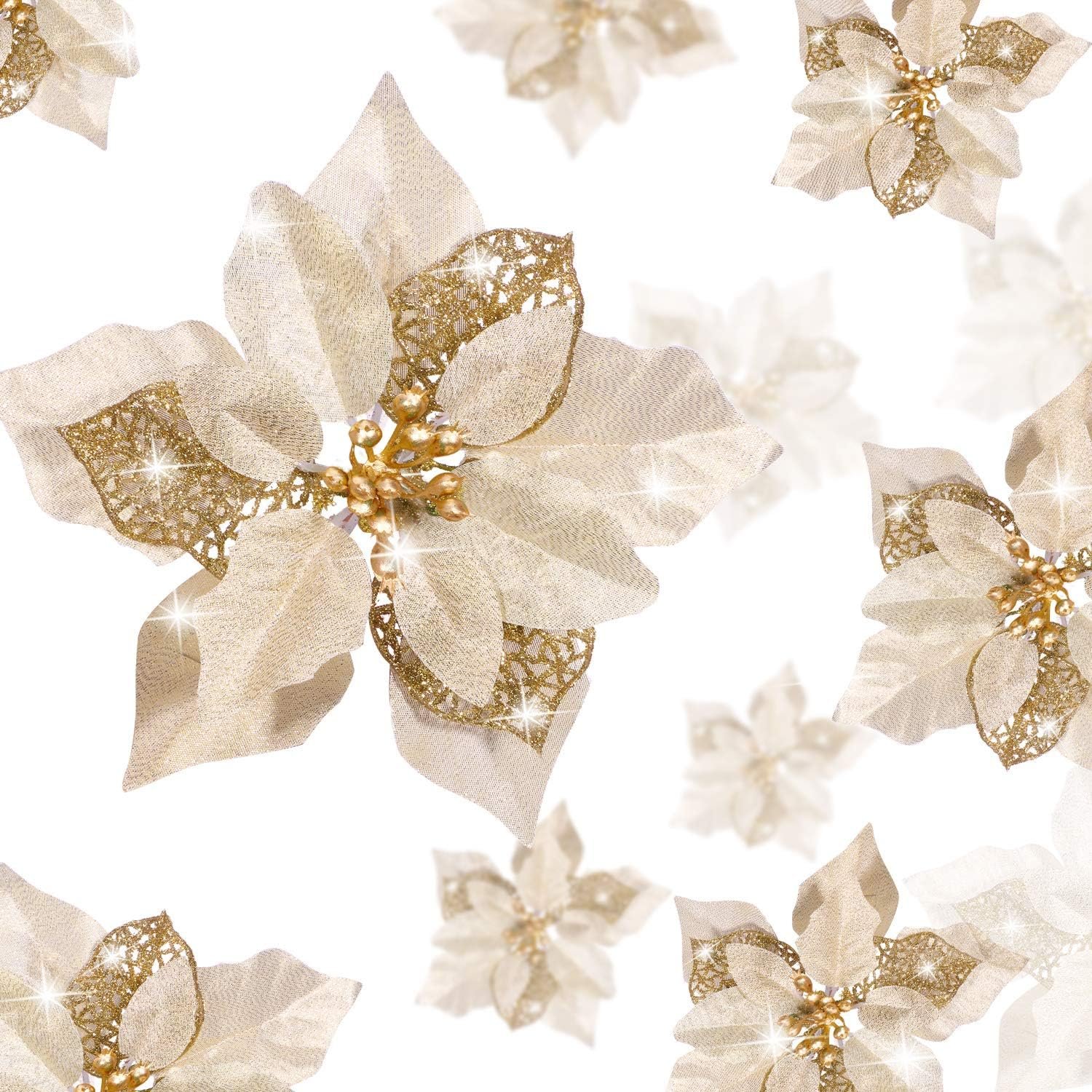 WILLBOND 36 Pieces Christmas Glitter Poinsettia Faux Flowers Christmas Flowers Decorations Wedding Xmas Tree New Year Ornaments(Gold) - Image 2