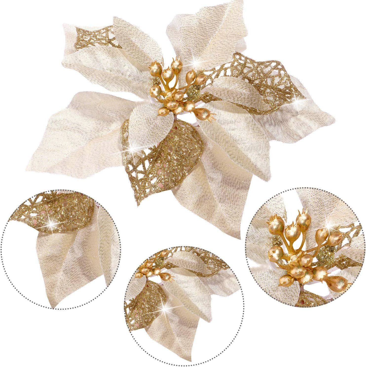 WILLBOND 36 Pieces Christmas Glitter Poinsettia Faux Flowers Christmas Flowers Decorations Wedding Xmas Tree New Year Ornaments(Gold) - Image 4