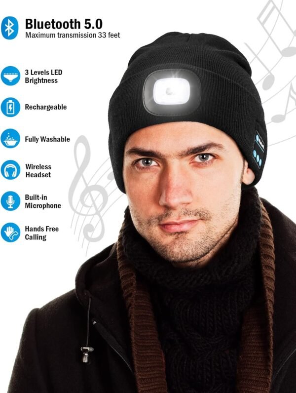 Wmcaps Bluetooth Beanie with a Light, Unisex USB Rechargeable 4 LED Fashlight Hat with Cordless Headphones, Unique Christmas Birthday Gifts for Men Him Husband Teen Grey - Image 6