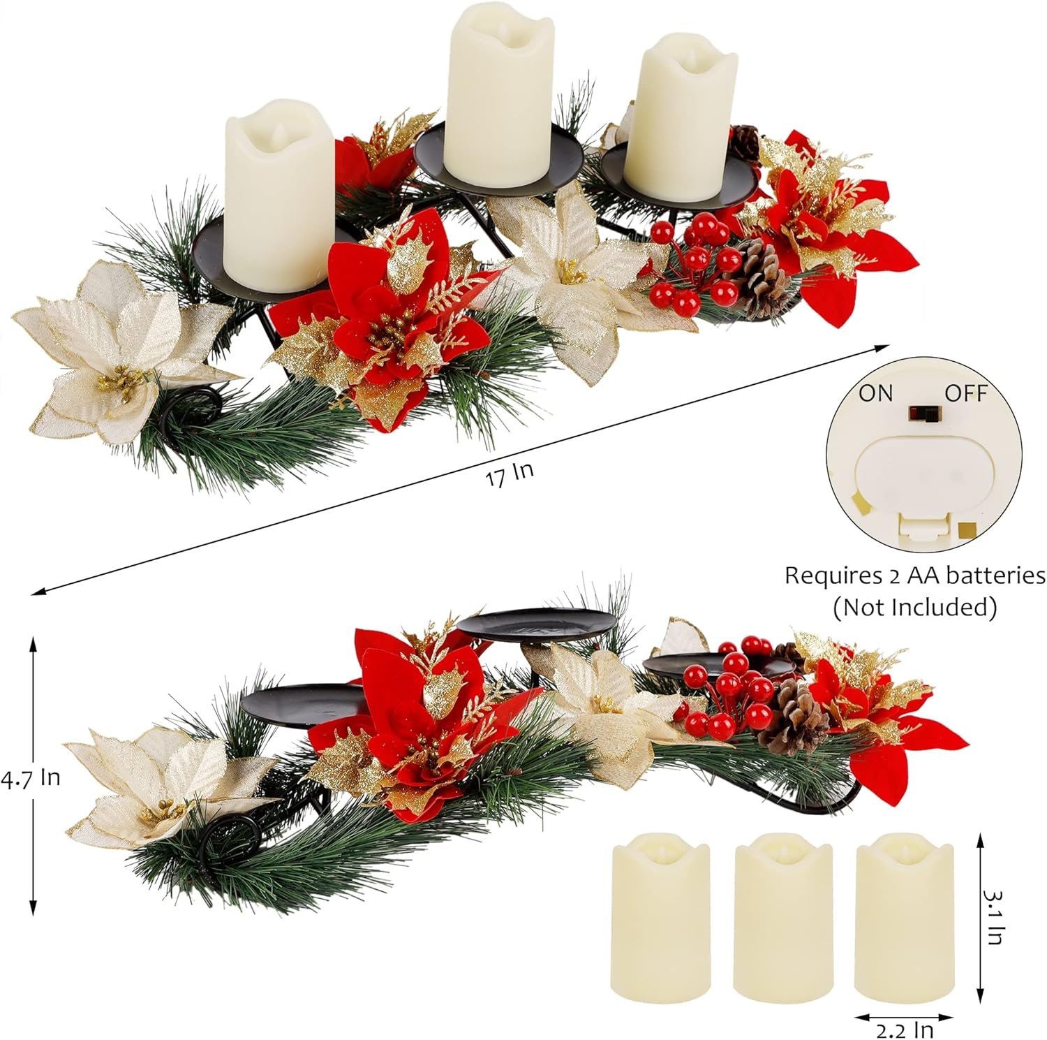 Joliyoou Christmas Tabletop Centerpieces, Metal Candle Holder with 3 Flameless Candles Lights, Poinsettia Adorned Candelabrum for Xmas Holiday Table Mantle Decoration, 17.5 x 9.8 x 4.7 Inch - Image 3