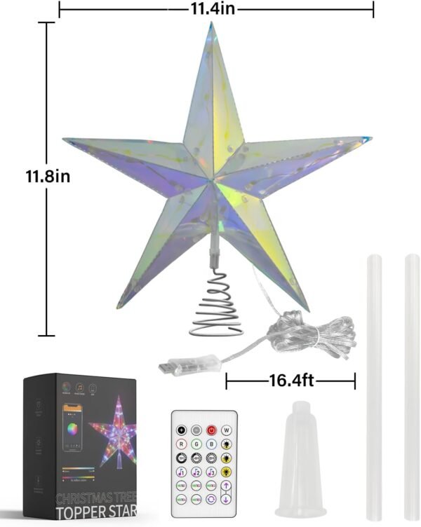11.8" Smart Christmas Tree Star Topper, Lighted Tree Topper with Remote&APP, Music, DIY, Timing, Multicolor Star Tree Topper Decorate to Christmas Trees, Holiday, Party, Indoor - Image 5