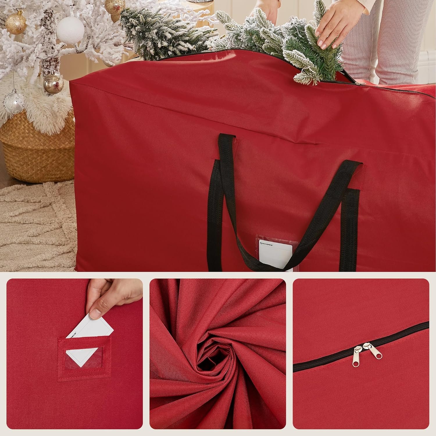 SONGMICS Christmas Tree Storage Bag, Tree Storage Container, up to 7.5 ft, Tree Holder Bag, Wear-Resistant 600D Oxford Fabric, Lightweight, Thick Handles, Red URXS003R03 - Image 7
