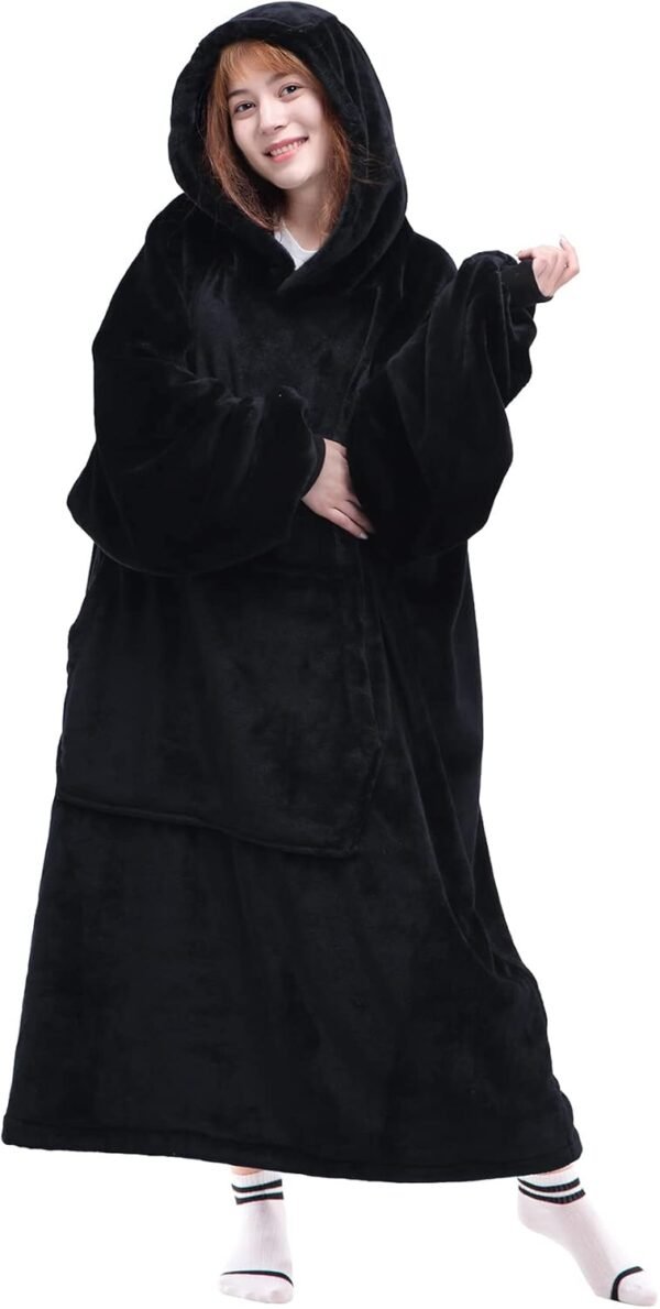 Waitu Wearable Blanket Sweatshirt Gifts for Women and Men, Warm and Cozy Giant Blanket Hoodie, Thick Flannel Blanket with Sleeves and Giant Pocket - Black - Image 2