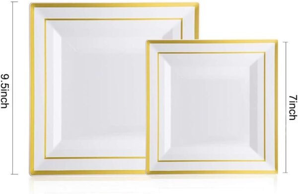 I00000 150PCS Gold plastic dinnerware set,White Gold Square Plates, Disposable Square Gold Plates Includes 25 Dinner Plates 25Dessert Plates 25Cups 25Plastic Cutlery for Christmas Party - Image 5