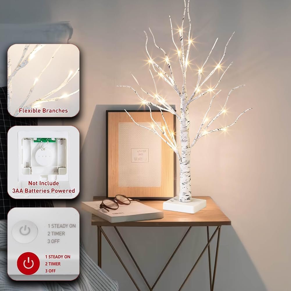 Vanthylit White Birch Tree with LED Lights - Set of 2, LED Tabletop Tree with Timer, Christmas Decorations Lighted Tree for Indoor Mantel Home Decor (2 FT, 24 LED) - Image 8