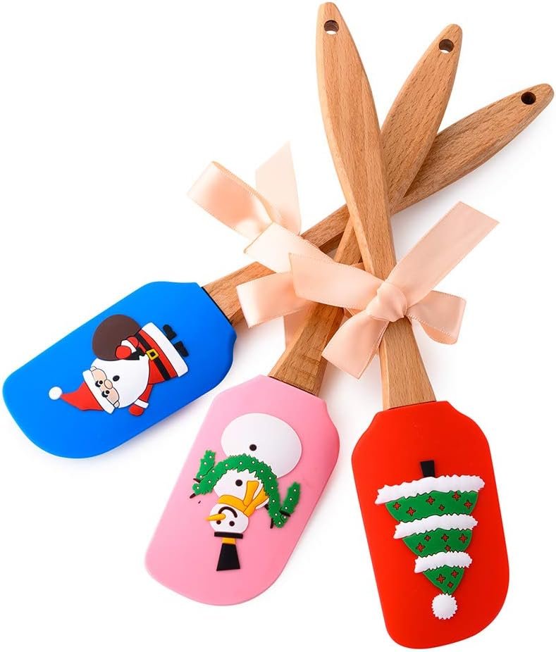 Christmas Silicone Spatula Gift Set with Lovely Bow - Christmas Cake Decorating Spatulas with Wooden Handle, Snowman Christmas tree and Santa Claus Pattern, Perfect for Christmas Gift, Baking (3 PCS) - Image 4