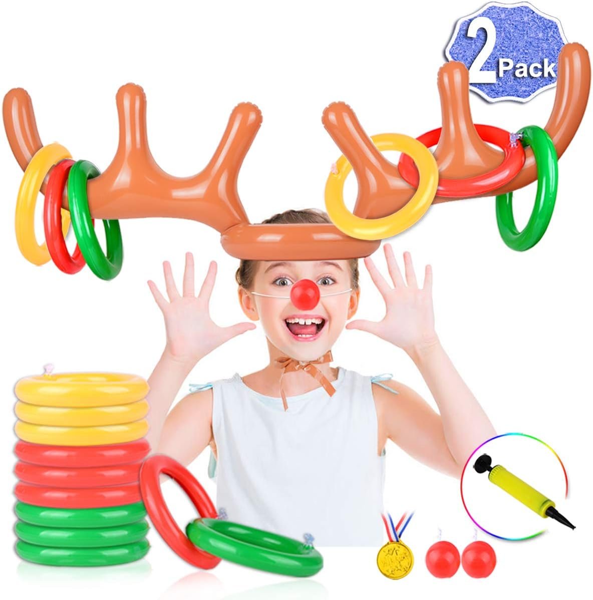 2 Set Inflatable Reindeer Antler Game (2 Reindeer Antler Hat with 12 Ring Toss, 2 Red Reindeer Nose, 1 Medal and 1 Hand-held Pump) Great Family Christmas Party Games - Image 2