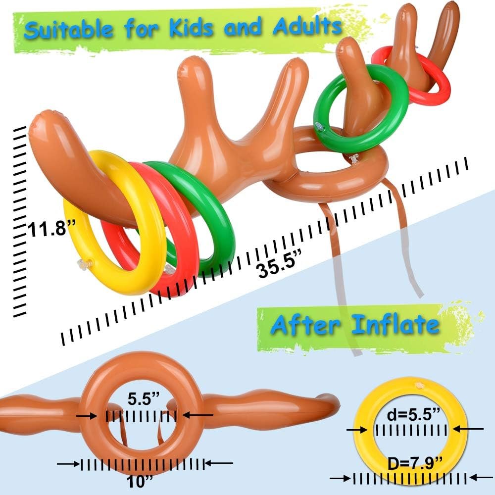 2 Set Inflatable Reindeer Antler Game (2 Reindeer Antler Hat with 12 Ring Toss, 2 Red Reindeer Nose, 1 Medal and 1 Hand-held Pump) Great Family Christmas Party Games - Image 4
