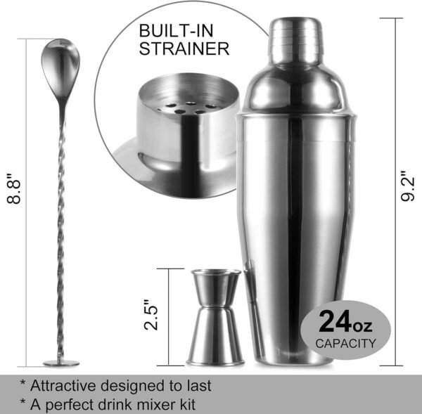 24oz Cocktail Shaker Bar Set - Professional Margarita Mixer Drink Shaker and Measuring Jigger & Mixing Spoon Set - Professional Stainless Steel Bar Tools Built-in Bartender Strainer for Martini Kit - Image 4