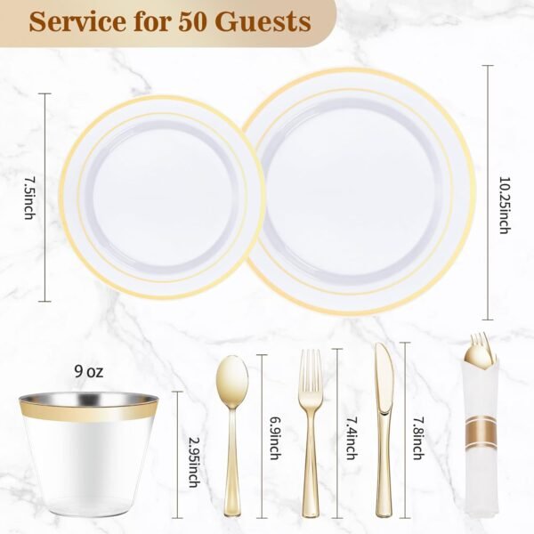 350PCS Gold Plastic Dinnerware Set, Disposable Party Plates for 50 Guests, Include: 100 Plastic Plates, 50 Pre Rolled Napkins with Gold Silverware, 50 Cups - Image 5