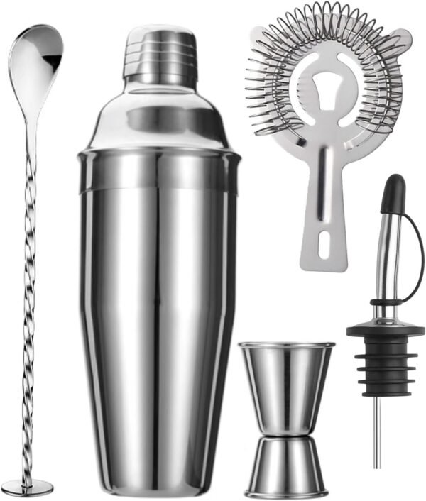 5-Piece Cocktail Shaker Set 24oz Shaker Strainer Jigger T-Mixing Spoon Pour Spout Bartender Kit Stainless Steel Bar Set Housewarming Gift - Image 2