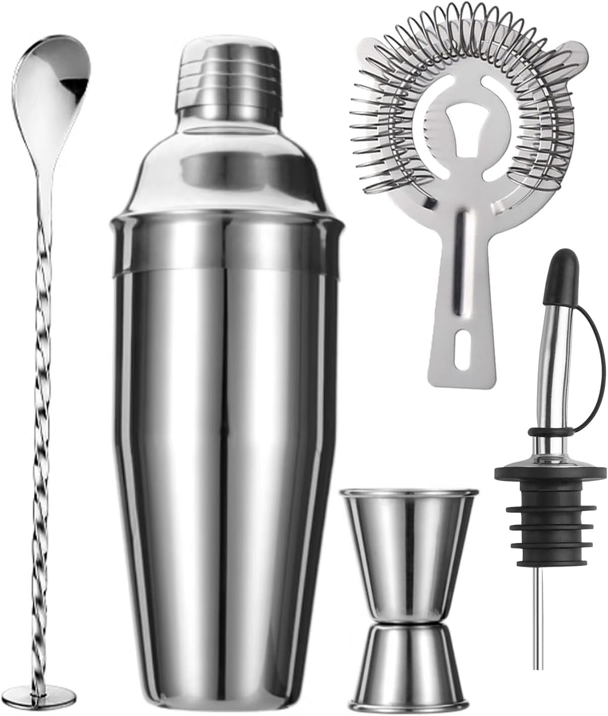 5-Piece Cocktail Shaker Set 24oz Shaker Strainer Jigger T-Mixing Spoon Pour Spout Bartender Kit Stainless Steel Bar Set Housewarming Gift - Image 2