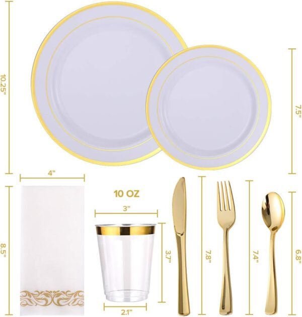 FOCUSLINE 350 Gold Dinnerware Set for 50 Guests, White and Gold Rim Plastic Plates Disposable Heavy Duty, Including 50 Dinner Plates, 50 Dessert Plates, 50 Cups, 50 Napkins, 50 Silverware Set - Image 3