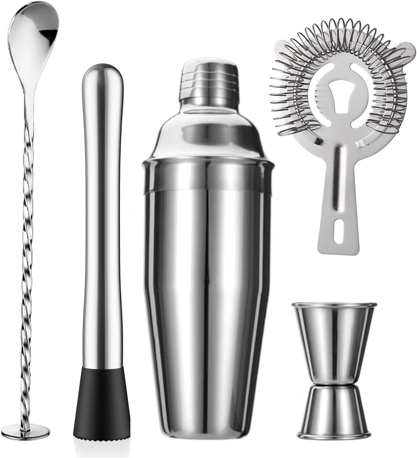 5-Piece Cocktail Shaker Set Shaker Strainer Jigger T-Mixing Spoon Muddler Bartender Kit Stainless Steel Bar Set Housewarming Gift - Image 2