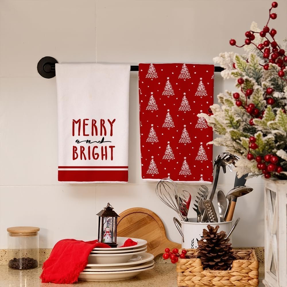 ARKENY Christmas Kitchen Towels Set of 2,Red Xmas Tree Dish Towels 18x26 Inch,Hoilday Farmhouse Home Decoration AD102 - Image 3