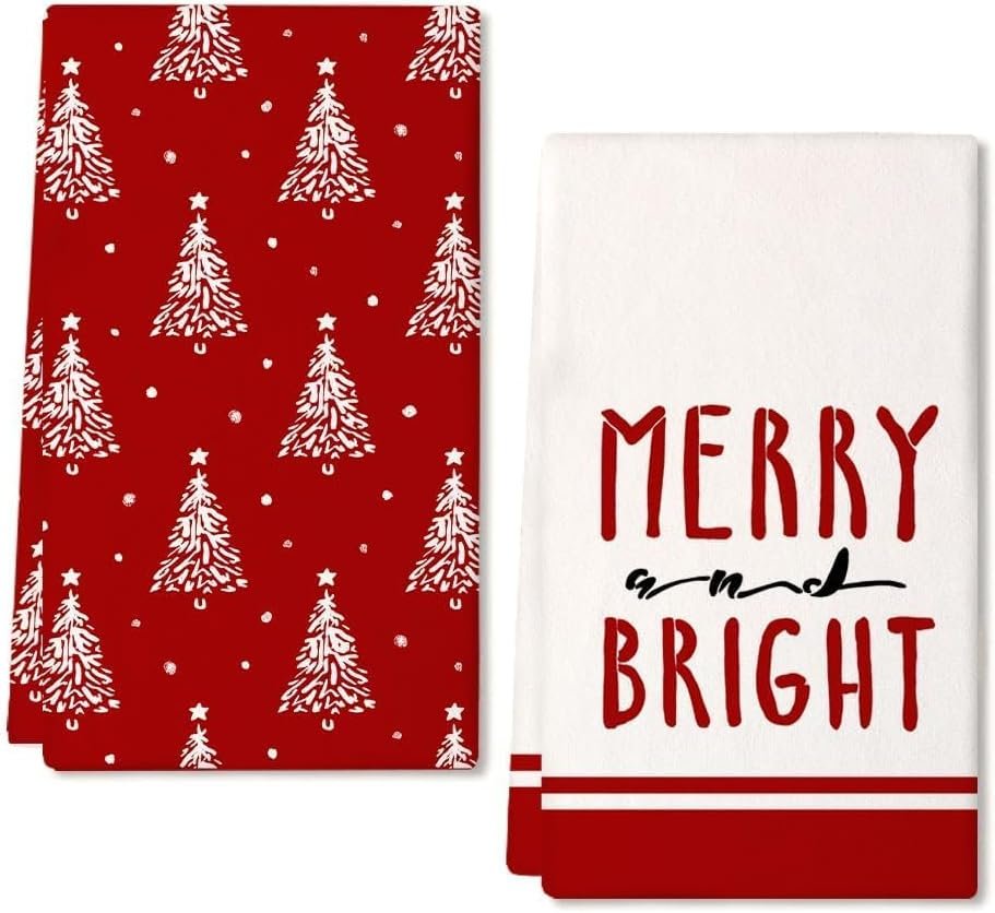 ARKENY Christmas Kitchen Towels Set of 2,Red Xmas Tree Dish Towels 18x26 Inch,Hoilday Farmhouse Home Decoration AD102 - Image 2