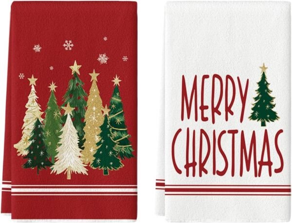 Artoid Mode Red Xmas Tree Merry Christmas Kitchen Towels Dish Towels, 18x26 Inch Farmhouse Star Holiday Winter Decoration Hand Towels Set of 2 - Image 2