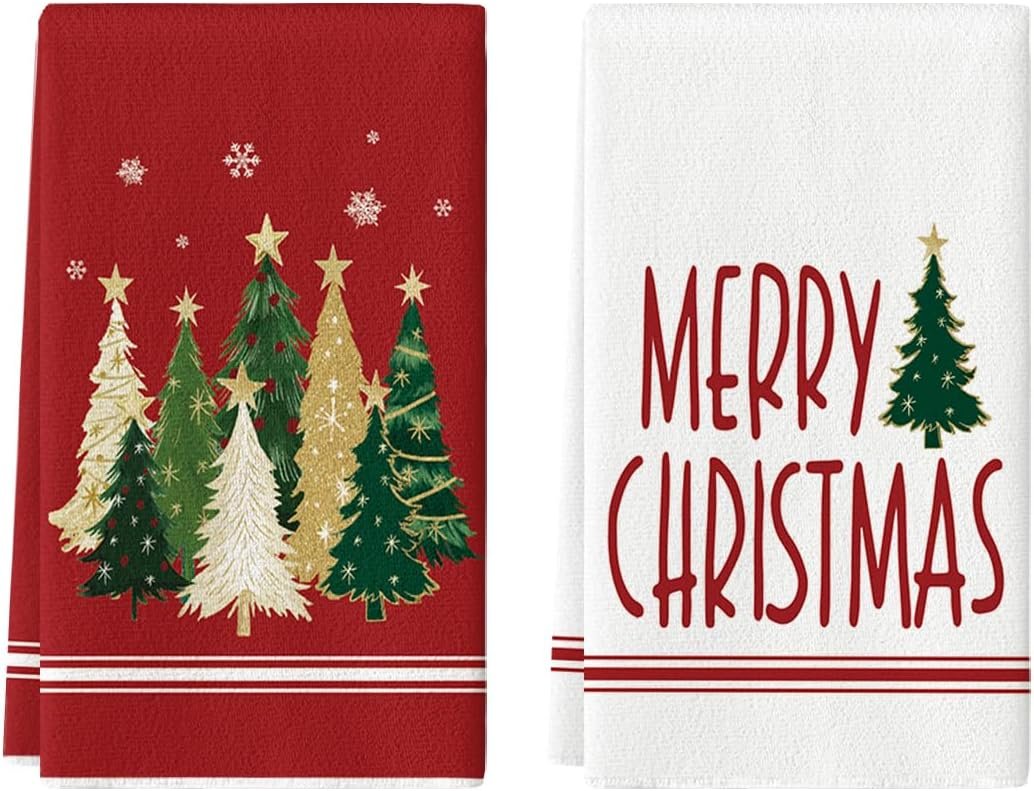 Artoid Mode Red Xmas Tree Merry Christmas Kitchen Towels Dish Towels, 18x26 Inch Farmhouse Star Holiday Winter Decoration Hand Towels Set of 2 - Image 2