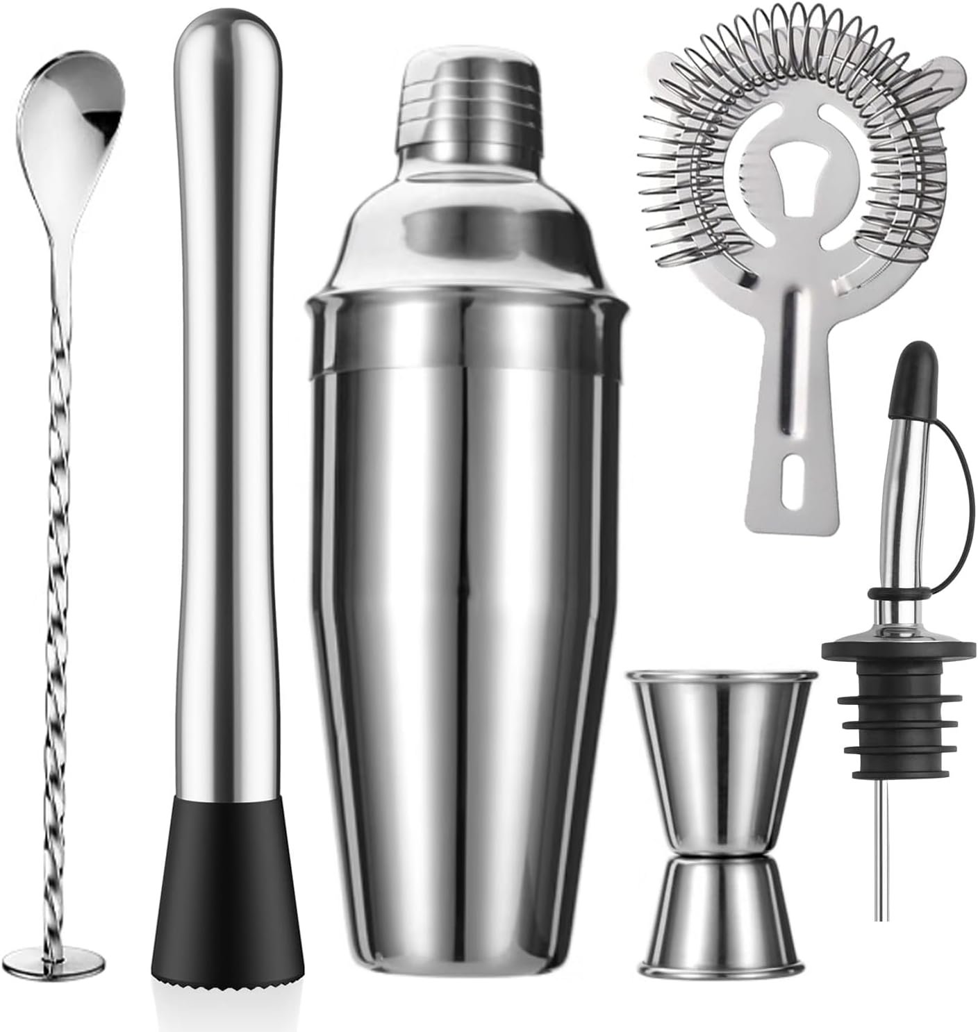 6-Piece Cocktail Shaker Set 24oz Shaker Strainer Muddler Jigger Mixing Spoon Pour Spout Bartender Kit Stainless Steel Bar Set Housewarming Gift - Image 2