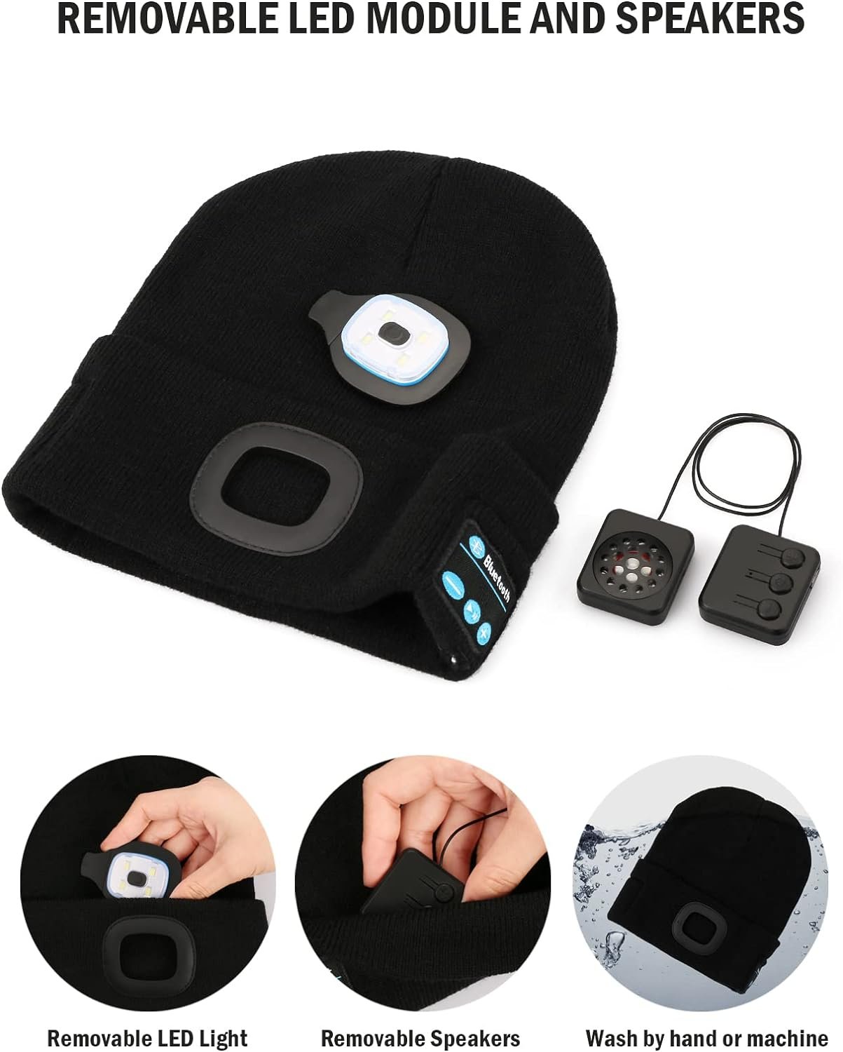 Wmcaps Bluetooth Beanie with a Light, Unisex USB Rechargeable 4 LED Fashlight Hat with Cordless Headphones, Unique Christmas Birthday Gifts for Men Him Husband Teen Black - Image 4