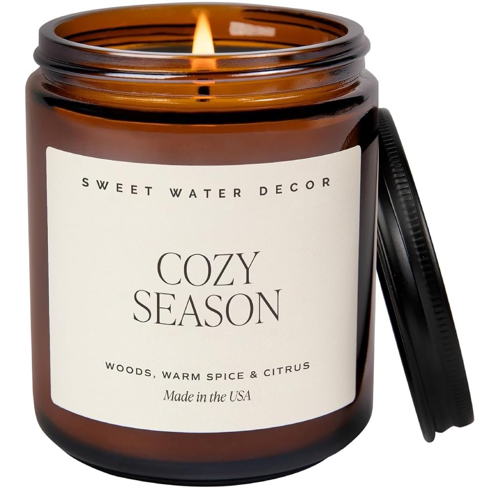 Sweet Water Decor Cozy Season Soy Candles - Fall Candles with Woods, Warm Spice, and Citrus Scent for Home Decor - Soy Candle with 40 Hours Burn Time - 9Oz Black Lid Amber Jar Candles Fall Scents - Image 2