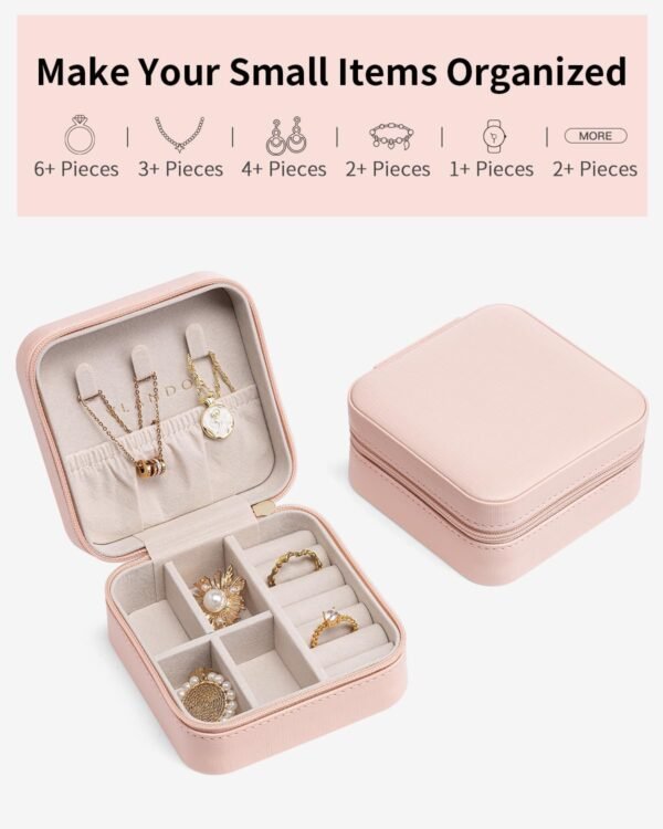 Vlando Travel Jewelry Box, Small Jewelry Travel Organizer Case Travel Essentials Christmas Gift for Women Girl - Pink - Image 9