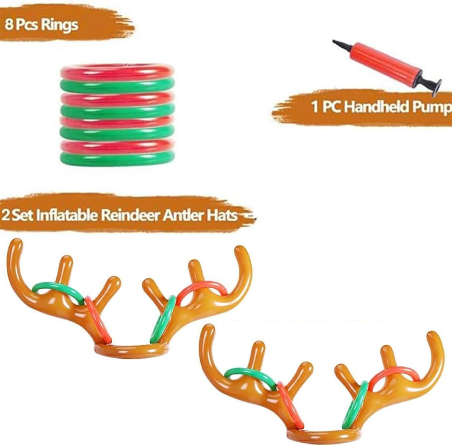 2 Set Inflatable Reindeer Antler Game, Christmas Party Toss Game Inflatable Reindeer Antler Hat with Rings for Kids Adults Family Xmas Fun Games(1 Pump, 8 Rings, 2 Antlers) - Image 3