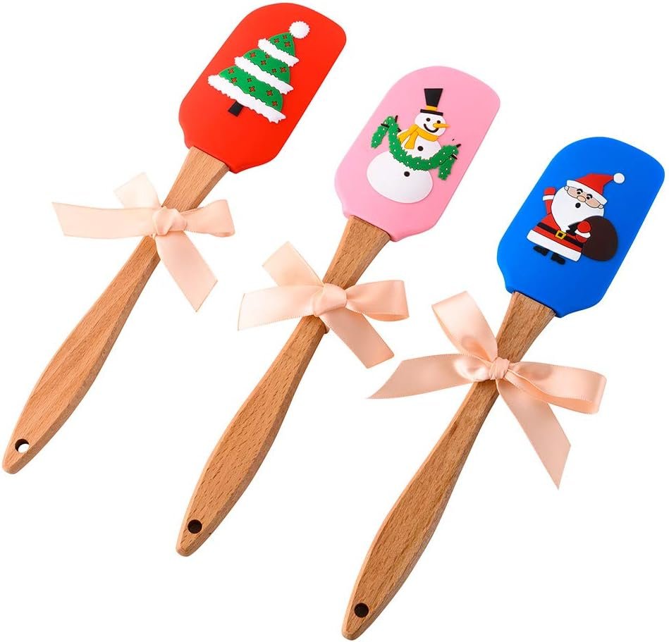 Christmas Silicone Spatula Gift Set with Lovely Bow - Christmas Cake Decorating Spatulas with Wooden Handle, Snowman Christmas tree and Santa Claus Pattern, Perfect for Christmas Gift, Baking (3 PCS) - Image 6