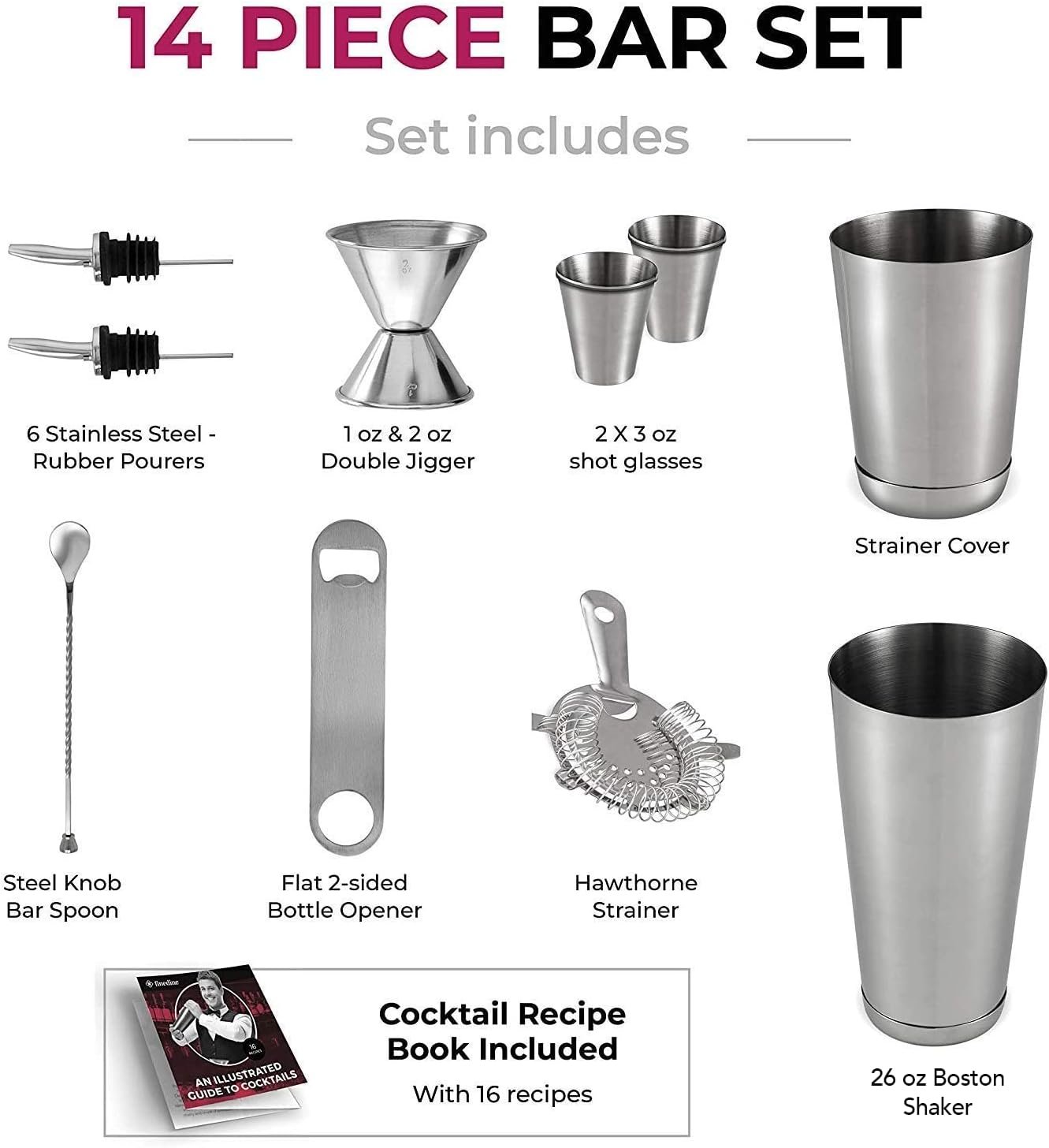 Expert Cocktail Shaker Home Bar Set - 14 Piece Stainless Steel Bar Tools Kit with Shaking Tins, Flat Bottle Opener, Double Bar Jigger, Hawthorne Strainer, Shot Glasses, Bar Spoon, and 6 Pour Spouts. - Image 6