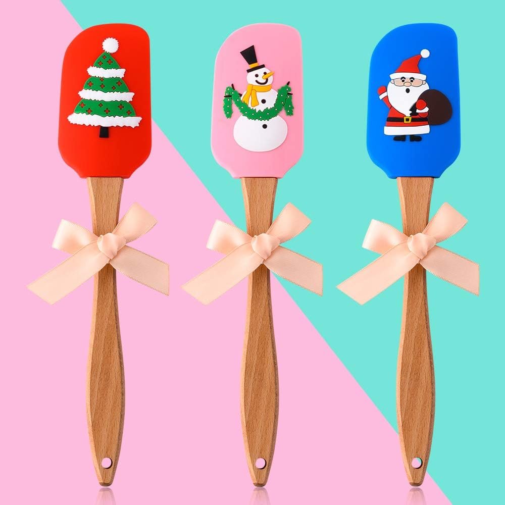 Christmas Silicone Spatula Gift Set with Lovely Bow - Christmas Cake Decorating Spatulas with Wooden Handle, Snowman Christmas tree and Santa Claus Pattern, Perfect for Christmas Gift, Baking (3 PCS) - Image 3