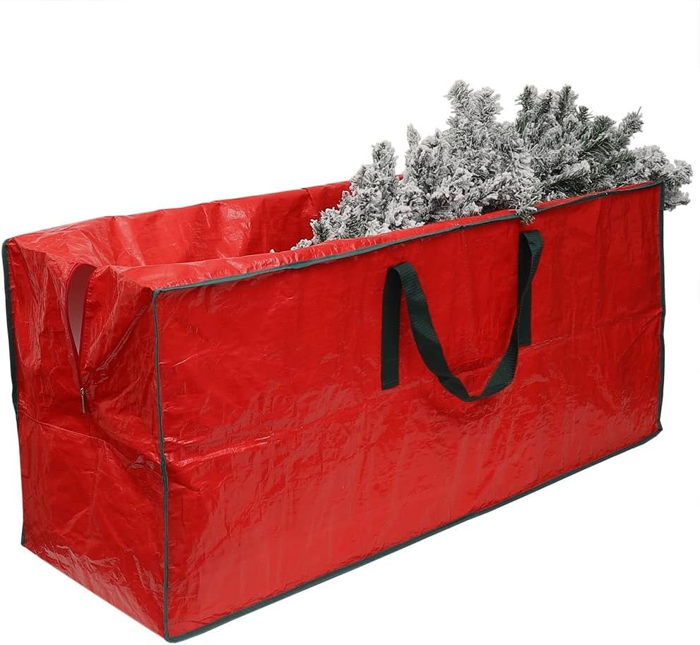 Safeguard Your Christmas Cheer with Our Red Rectangle Christmas Tree Bag by Home Basics | Reinforced Nylon Handles and Convenient Label Window - Image 2
