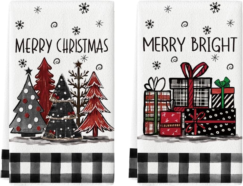 Artoid Mode Xmas Tree Gift Box Merry Christmas Kitchen Towels Dish Towels, 18x26 Inch Holiday Merry Bright Winter Decoration Hand Towels Set of 2 - Image 2