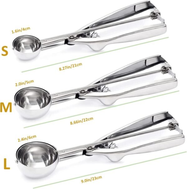 Ice Cream Scoop, 3Pcs Cookie Scoop Set, 18/8 Stainless Steel Cookie Dough Scoop, Cookie Scoops for Baking Set of 3, Ice Cream Scooper with Trigger Release, Cookie Scooper for Baking, Cupcake Scoop - Image 3