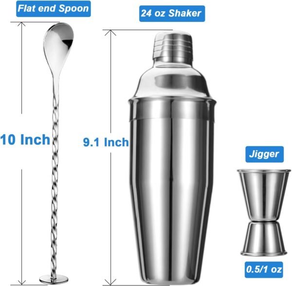 5-Piece Cocktail Shaker Set 24oz Shaker Strainer Jigger T-Mixing Spoon Pour Spout Bartender Kit Stainless Steel Bar Set Housewarming Gift - Image 4