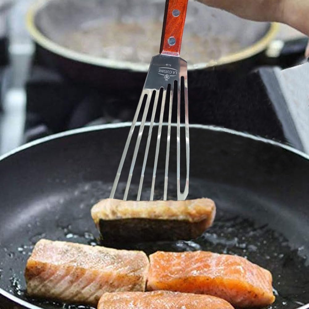 La Cuisine Fish Slotted Spatula Turner with Beveled Edged Stainless Steel, For Flipping Fish Egg Pancake Patties Fries. Blade 6.5", Size 11" - Image 6