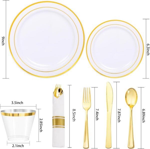 350Piece Thanksgiving Dinnerware Set for 50 Guests - Gold Plastic Plates with Disposable Cutlery Include:50Dinner Plates-50Dessert Plates-50Pre Rolled Napkins with Gold Silverware - Image 3