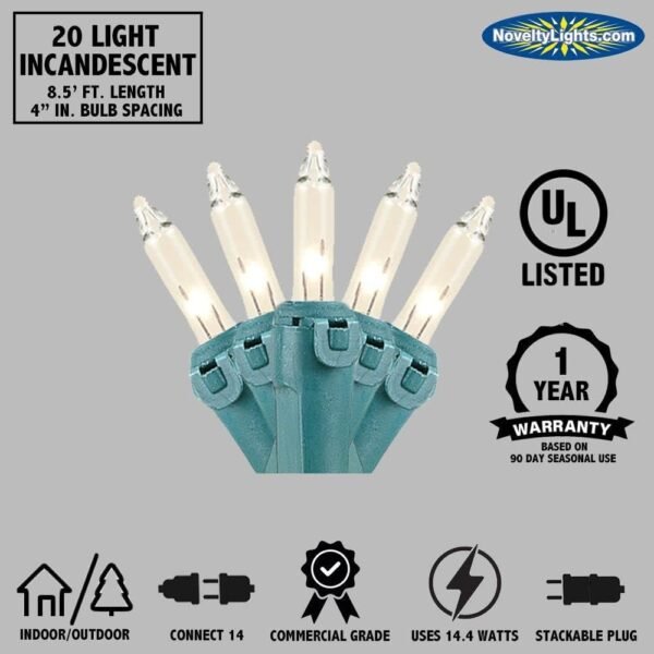 Novelty Lights 20 Light Clear Christmas Craft Mini Light Set, Green Wire, 8' Long - Image 6