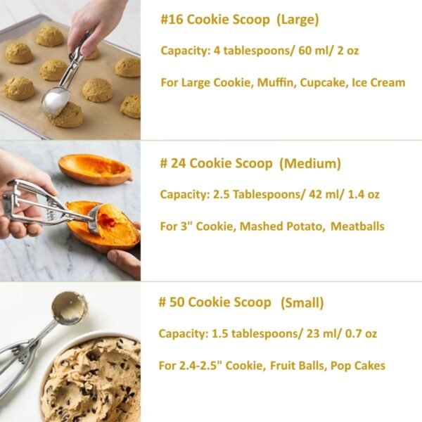 Ice Cream Scoop, 3Pcs Cookie Scoop Set, 18/8 Stainless Steel Cookie Dough Scoop, Cookie Scoops for Baking Set of 3, Ice Cream Scooper with Trigger Release, Cookie Scooper for Baking, Cupcake Scoop - Image 8