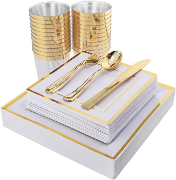 I00000 150PCS Gold plastic dinnerware set,White Gold Square Plates, Disposable Square Gold Plates Includes 25 Dinner Plates 25Dessert Plates 25Cups 25Plastic Cutlery for Christmas Party - Image 2