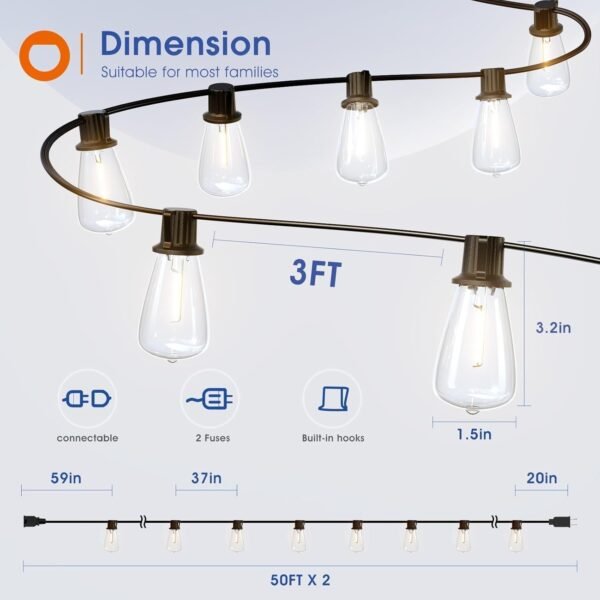 addlon 100FT(50FT*2) LED Outdoor String Lights Waterproof Patio Lights with 32 Shatterproof ST38 Replaceable Bulbs(2 Spare), Dimmable Outside Hanging Lights Connectable for Porch, Backyard, 2200K - Image 7