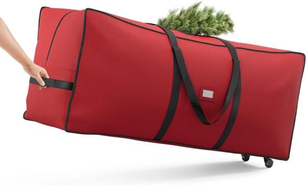 SONGMICS Christmas Tree Storage Bag with 1.6-Inch Wheels, Rolling Storage Bag, up to 7.5 ft, For Disassembled Holiday Tree, Length-Adjustable Handles, 600D Oxford Fabric, Cherry Red URXS004R03 - Image 2