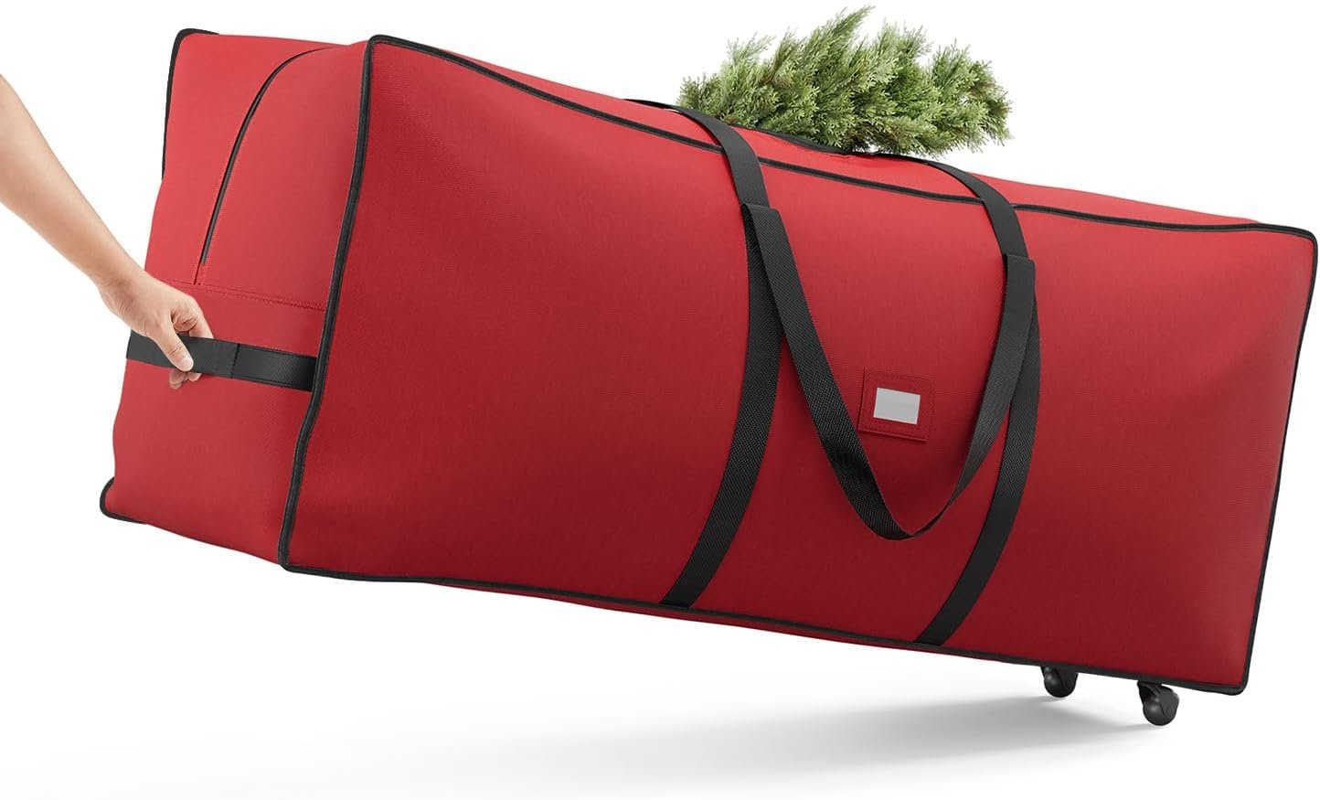 SONGMICS Christmas Tree Storage Bag with 1.6-Inch Wheels, Rolling Storage Bag, up to 7.5 ft, For Disassembled Holiday Tree, Length-Adjustable Handles, 600D Oxford Fabric, Cherry Red URXS004R03 - Image 2