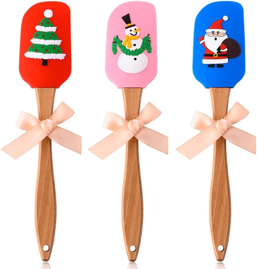 Christmas Silicone Spatula Gift Set with Lovely Bow - Christmas Cake Decorating Spatulas with Wooden Handle, Snowman Christmas tree and Santa Claus Pattern, Perfect for Christmas Gift, Baking (3 PCS) - Image 2