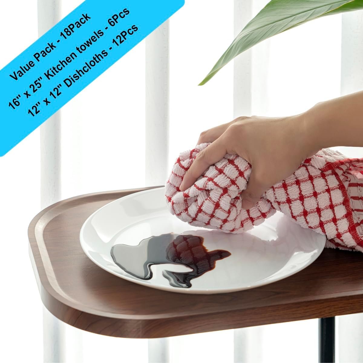 100% Cotton Kitchen Towels and Dishcloths Set, Set of 18 Kitchen Towels Set, 6Pcs 16 x 25 Inches and 12Pcs 12 x 12 Inches, Checkered Designed, Super Soft and Absorbent Kitchen Towels Sets - Image 4