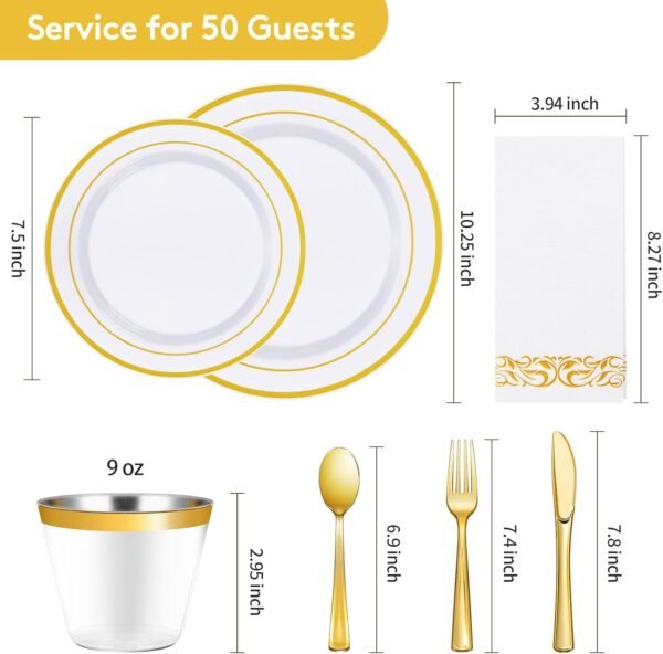 Goodluck 350 Piece Gold Dinnerware Set for 50 Guests, Plastic Plates Disposable for Party, Include: 50 Gold Rim Dinner Plates, 50 Dessert Plates, 50 Paper Napkins, 50 Cups, 50 Gold Silverware Set - Image 5