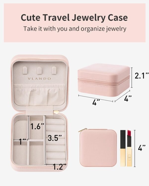 Vlando Travel Jewelry Box, Small Jewelry Travel Organizer Case Travel Essentials Christmas Gift for Women Girl - Pink - Image 6