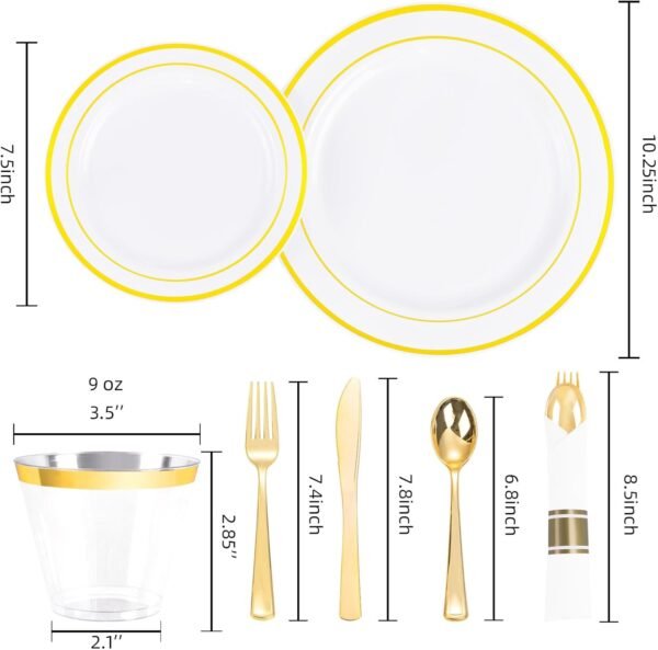 WELLIFE 350Pcs Gold Plastic Plates Set for 50 Guests - Disposable Plates for Party and Wedding,Party Supplies including Party Plates and Cups and Napkins Sets,White and Gold Plastic Plates - Image 3