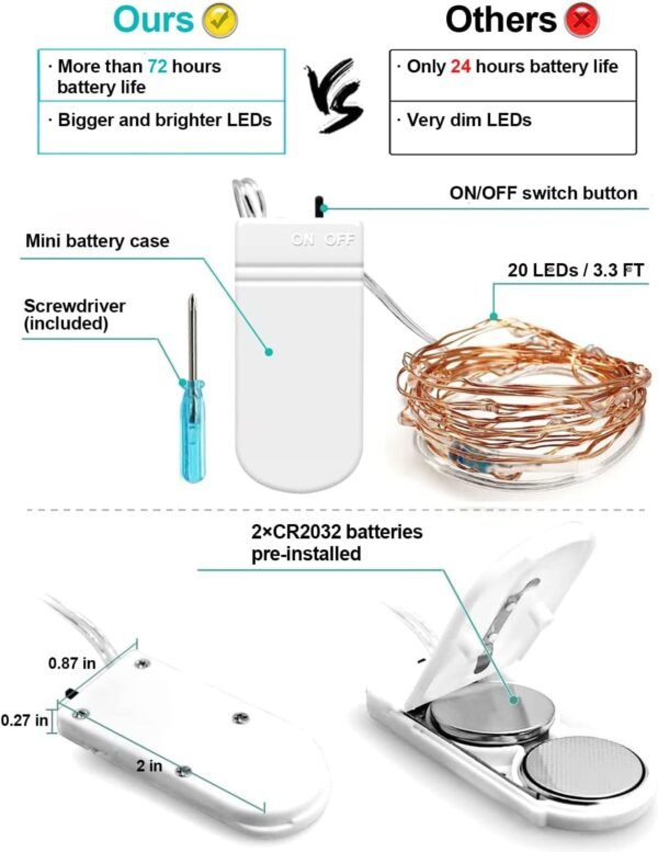 20 Pack Fairy Lights Battery Operated 3.3ft 20 LED Mini String Lights Twinkle Lights Copper Wire Firefly Starry Lights for Mason Jars Wedding Party Christmas Centerpiece Table Decorations, Warm White - Image 3