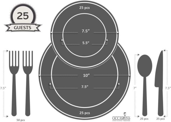 " OCCASIONS " 150 Pieces set (25 Guests)-Vintage Wedding Plastic Plates & cutlery -Disposable Dinnerware 10'', 7.5'' + Silverware w/double fork (Verona Plain Ivory) - Image 6